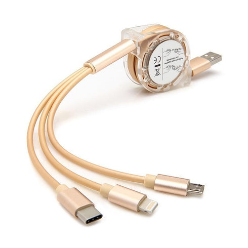 AussieSuperStore Homeware Supplies New 3 in 1 Retractable Fast Charging Cable With Micro USB Type C Adapter For iPhone (Gold) 3 in 1 Retractable Charging Cable Micro USB TypeC Adapter iPhone Gold ZM3IN1RTABLEGOLD
